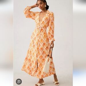 Anthropologie Orange and White Plunge Neck Bishop Sleeve Dress